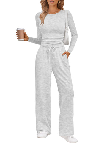 LILLUSORY Lounge Sets for Women Two 2 Piece matching Loungewear Sets Women Winter Clothing 2026 Fall Fashion Travel Airport Outfits Sweatsuits Casual Cute Clothes Oatmeal Grey M