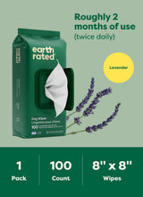 Earth Rated Dog Wipes, Hypoallergenic, 3-in-1 Cleaning and Hydrating, for Grooming Paws, Body and Butt, Lavender Scented, 100 Count
