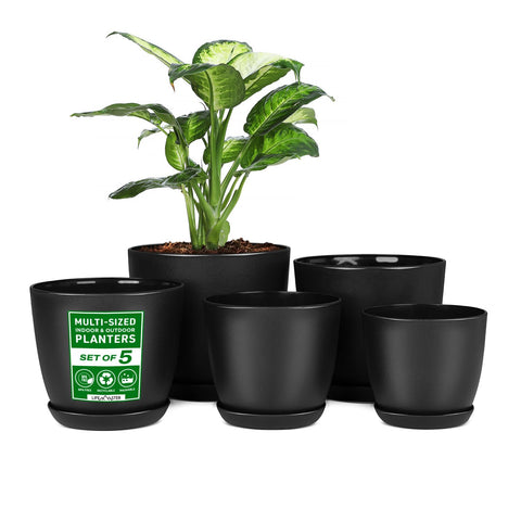 Lifemaster Plant Pots with Multi Drainage Holes - 5 Pieces Versatile, Sturdy Plastic, Stackable Design Home Decor Flower Pots for Indoor and Outdoor Gardening - Black