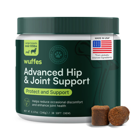 Wuffes Advanced Dog Hip and Joint Supplement with Glucosamine, Chondroitin, Omega 3, MSM, and Green Lipped Mussel, 30 Pork Flavored Chews for Large Dog Breeds