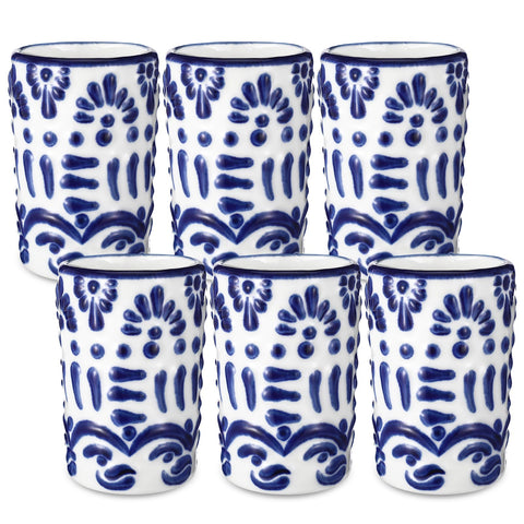 Roshtia 6 Pcs Mexican Tequila Shot Glasses Set 2 oz Talavera Shot Glasses Handmade Ceramic Cups with White Decoration Mexican Pottery Gift Mugs for Tequila Lover Bachelorette Party(Blue)