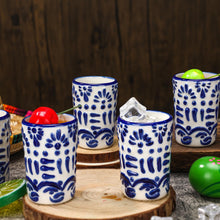 Roshtia 6 Pcs Mexican Tequila Shot Glasses Set 2 oz Talavera Shot Glasses Handmade Ceramic Cups with White Decoration Mexican Pottery Gift Mugs for Tequila Lover Bachelorette Party(Blue)