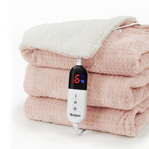 blunique Heated Blanket Electric Throw Waffle, 50x60 Inches Sherpa Fleece Fast Heating Blanket 6 Heating Levels & 4 Hours Auto Off ETL Certification, Pink Throw