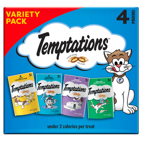 Temptations Classic Crunchy and Soft Cat Treats Feline Favorites Variety Pack, 3 oz. Pouches (Pack of 4)
